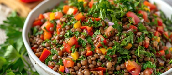 Delicious homemade Mediterranean lentil salad with lentils, peppers, sun dried tomato, and parsley. - obrazy, fototapety, plakaty