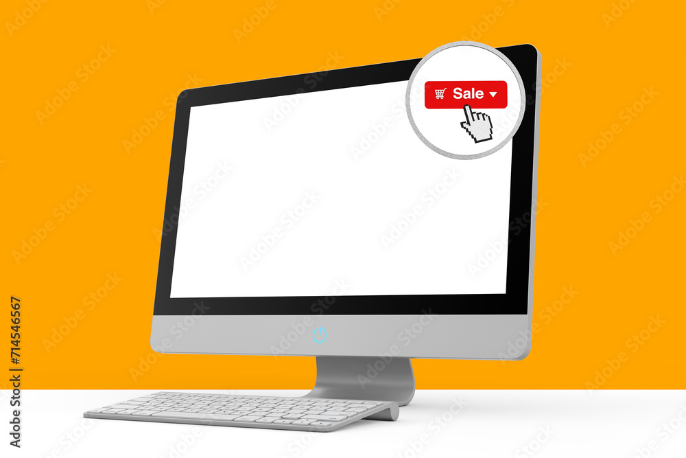 Poster Online Shopping Concept. Modern Desktop Computer with Magnifier and Sale Button on the Screen. 3d Rendering