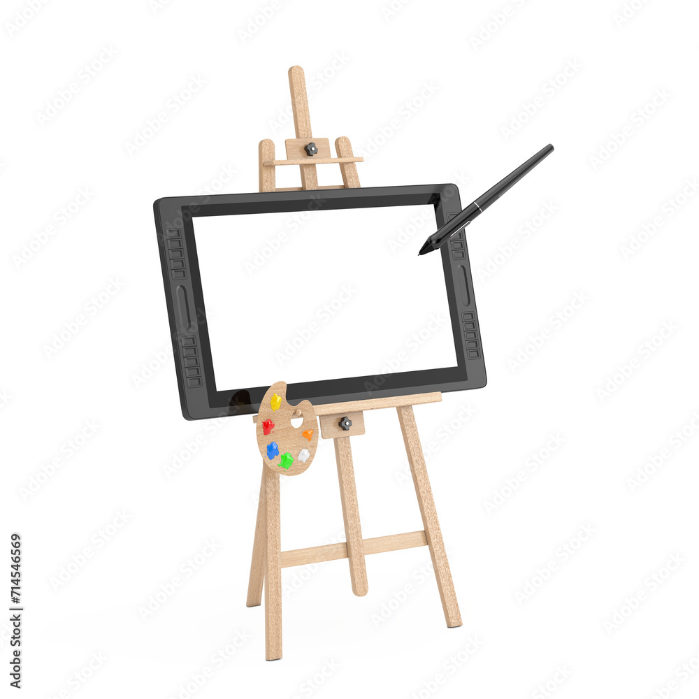 Leinwandbilder Wooden Artist Easel with Big Size of Digital Graphics Drawing Tablet Monitor with Pen and Blank Screen for Your Design. 3d Rendering