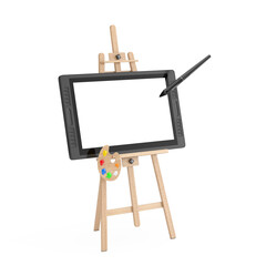 Wooden Artist Easel with Big Size of Digital Graphics Drawing Tablet Monitor with Pen and Blank Screen for Your Design. 3d Rendering