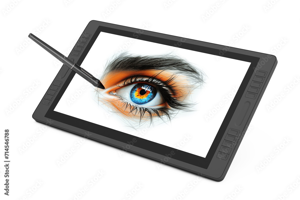 Leinwandbilder Big Size of Digital Graphics Drawing Tablet Monitor with Pen and Abstract Drawing of a Vibrant Colored Female Eye. 3d Rendering