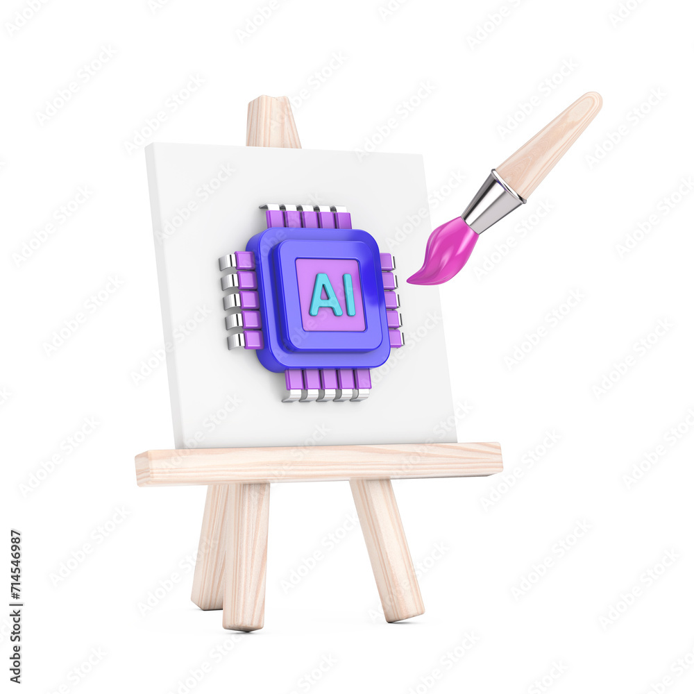Leinwandbilder Cartoon Artist Paintbrush with Easel and AI Powered Microchip CPU Processor Web Icon. 3d Rendering