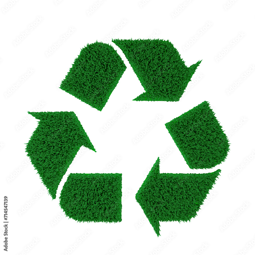 Poster green grass in shape of recycle symbol icon sign. 3d rendering