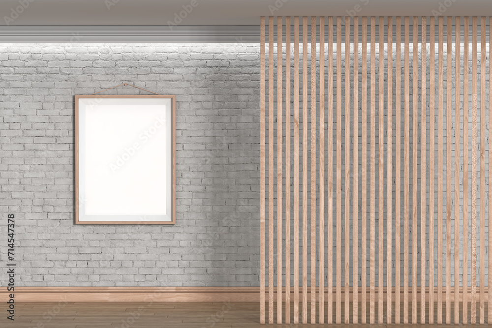 Poster empty room wooden slatted partition in front of white brick wall with empty picture frame. 3d render