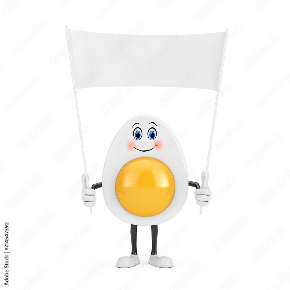 Poster cute cartoon egg character person mascot and empty white blank banner with free space for your desig