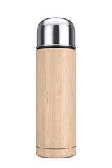 Wooden Case Thermos with Silver Metaic Lid Isolated. 3d Rendering