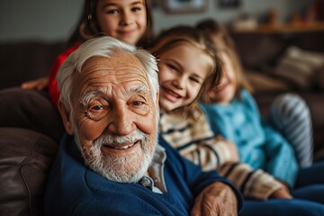 Happy Elderly with Grandchildren Smiling Senior with Loving Family