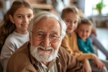 Fototapeta premium Happy Elderly with Grandchildren Smiling Senior with Loving Family
