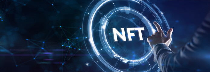 NFT Non-fungible token digital crypto on virtual screen.