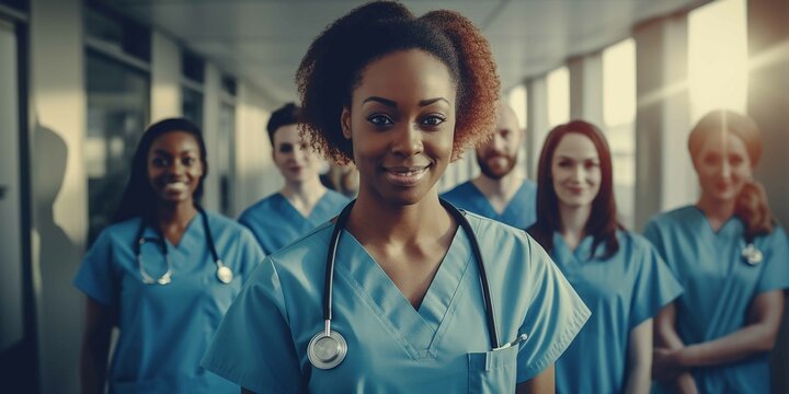 Create A Diverse Healthcare Team With Diffrent Ethic Groups That Look Cherrful Wearing Scrubs In A Hospital Setting