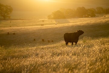 Cattle ranch farming landscape, with rolling hills and cows in fields, in Australia. Beautiful green grass and fat cows and bulls grazing on pasture at sunset