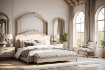 farmhouse interior home design of modern bedroom with wooden bed and table alongside with rustic furniture