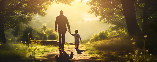 A father and son walking in the forest with the sun shining through the trees.
fathers day concept A man and a child walk down a path holding hands. fathers day backgrounds - obrazy, fototapety, plakaty