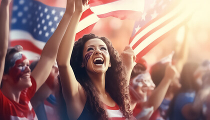 Female fans of the American team with a flag at the stadium rejoice