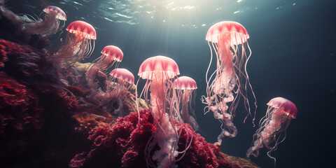 Group of pink jellyfish in the ocean. Generative AI