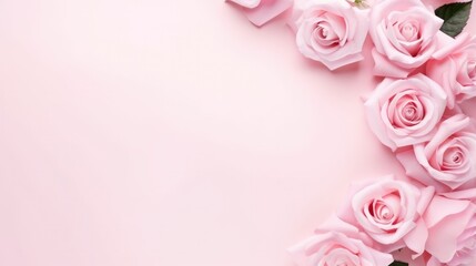 Delicate pink roses arranged along the edge of a soft, pink pastel backdrop.