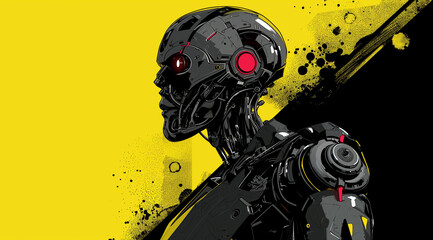 Cybernetic Sentinel: Futuristic Robot with Red Vision Sensors on a Stark Yellow and Black Splattered Background