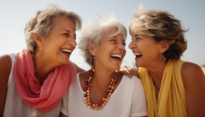 Cheerful old women laughing and chatting - obrazy, fototapety, plakaty