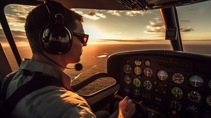 View from the cockpit of a passenger plane. An experienced male Pilot at work. The plane rises over a beautiful landscape at sunset.