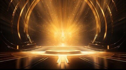Golden light award with podium for luxury award ceremony concept background. Created with Generative AI