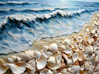 Fototapeta na wymiar Seashells on the background of the sea, abstract painting, handmade wave drawing