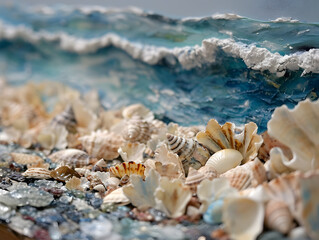 Fototapeta na wymiar Seashells on the background of the sea, abstract painting, handmade wave drawing