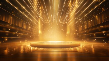 Golden light award with podium for luxury award ceremony concept background. Created with Generative AI
