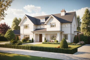 Residential architecture exterior home design of modern family house with front yard beautiful grass and flowers