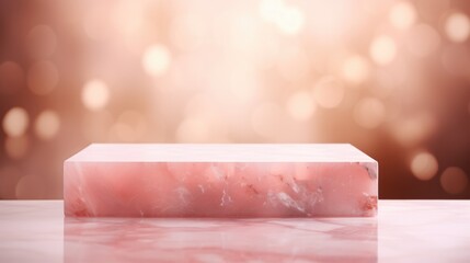 Luxurious pink marble podium with shimmering bokeh background.