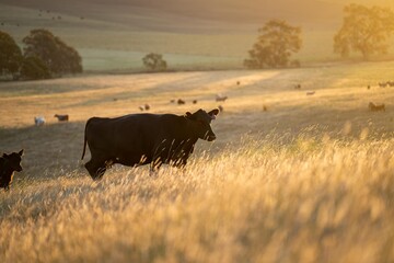 sustainable agriculture at dusk and sunset on a farm. Australian wagyu cows grazing in a field on...