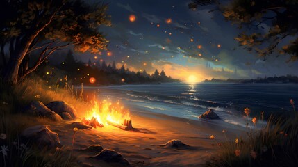 Seaside scenery and bonfire at night