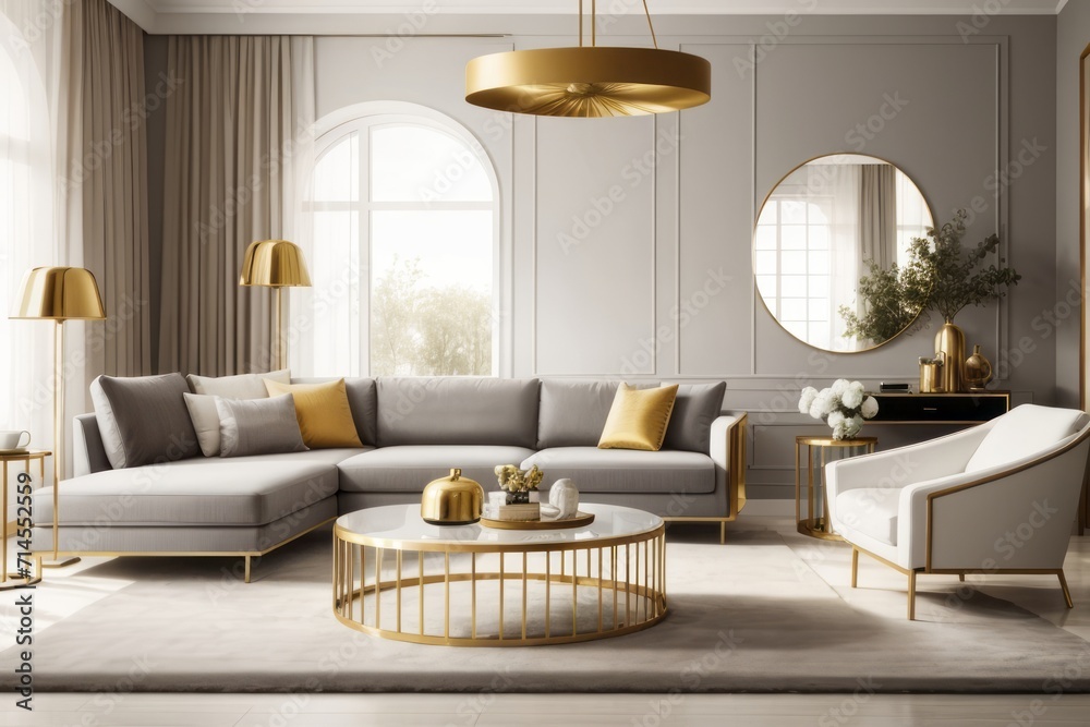 Wall mural interior home design of modern living room with gray sofa and gold table close to luxury gold decora