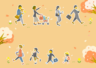 Fototapeta premium 春にワクワクしながら新生活をスタートさせる人々 カラフルでお洒落なイラスト
