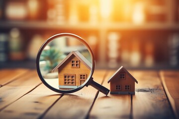 Searching for house lodging and property with magnifying glass. Hunt for new house or home real estate loan, mortgage, investments and housing development concept - obrazy, fototapety, plakaty