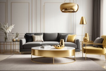 Interior home design of modern living room with gray sofa and gold table close to luxury gold decoration
