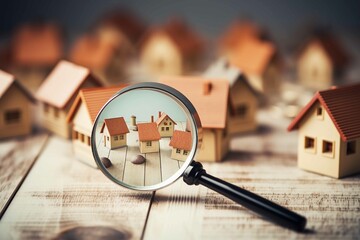 Searching for house lodging and property with magnifying glass. Hunt for new house or home real estate loan, mortgage, investments and housing development concept