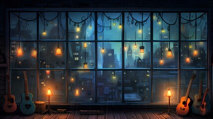 Rain on the window at night and soft lights