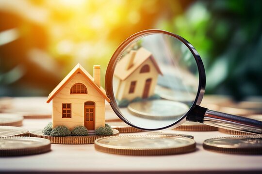 Searching For House Lodging And Property With Magnifying Glass. Hunt For New House Or Home Real Estate Loan, Mortgage, Investments And Housing Development Concept