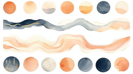 A diverse collection of watercolor circles and wavy lines in soft pastel hues, perfect for creative design elements.