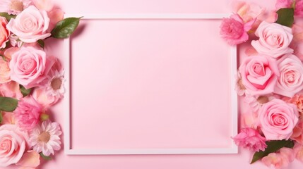 Pink Roses and Blank Frame on Pastel Background