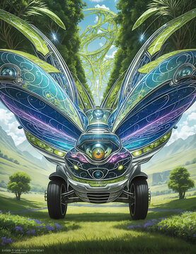 A car with butterfly wings and a kaleidoscope eye sits in a grassy field with trees in the background.