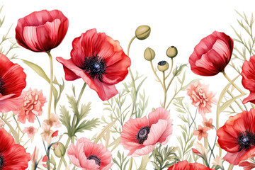 red poppies watercolor on white background, valentines day concept