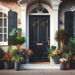 House entrance adorned with flowers, featuring a wooden door and stone facade, surrounded by plants and a charming garden, in a quaint European town