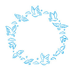 Vector round illustration with a collection of birds flying in the sky, pigeons, hand-drawn in the style of doodles