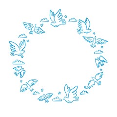 Round illustration with a collection of flying birds, pigeons, hand-drawn in the style of doodles