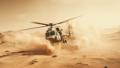 Fototapeta na wymiar Peacekeepers' helicopter lands in the desert