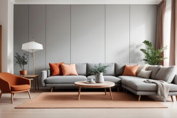 Scandinavian interior home design of modern living room with gray sofa and wooden table with home furniture