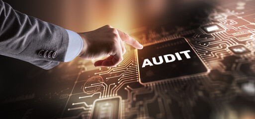 Businessman clicks Audit Auditor Financial service compliance concept