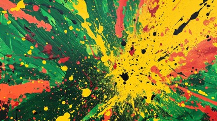 Flaming Yellow and Green Painting on Canvas in the Style of Pop Art Color Explosions Reefwave and Splatter Patterns - Light Red and Dark Green Background created with Generative AI Technology