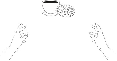 Two hands grabbing a cup of coffee and donut
